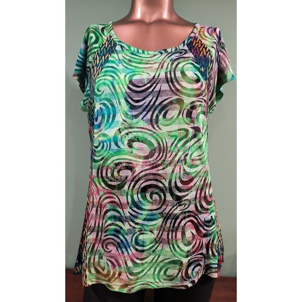 Cubism Los Angeles Womens Small Abstract Swirl Print Cap Sleeve Top Multi-Color